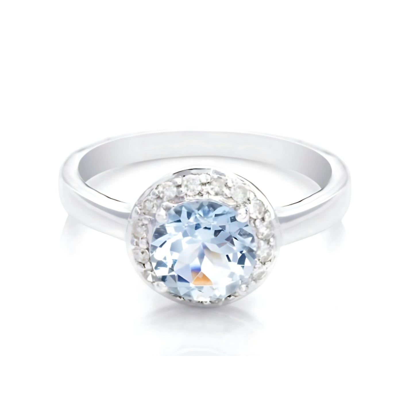Aquamarine & Diamond Ring in 9ct White Gold, Round Cut Gemstone
