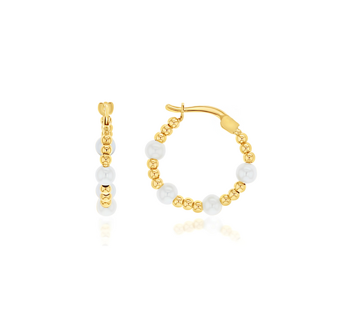 9ct Yellow Gold Ball & Freshwater Pearl Hoop Earrings, alternating pearls and gold spheres, 15mm diameter.