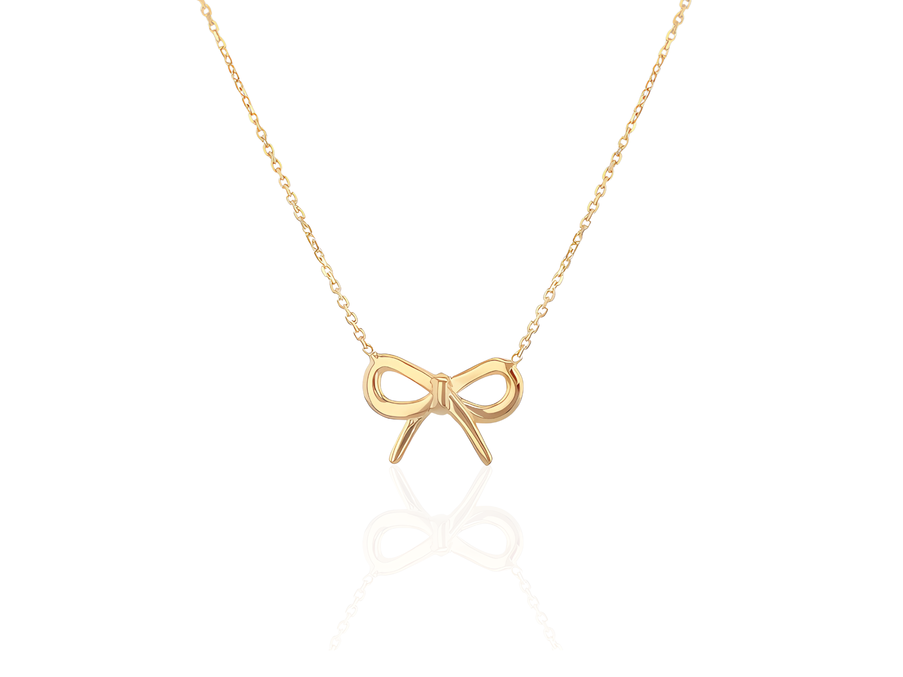 9ct Yellow Gold Bow Necklace on neutral background, 41–43cm chain