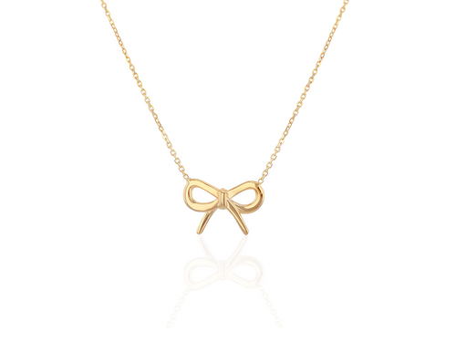 9ct Yellow Gold Bow Necklace on neutral background, 41–43cm chain