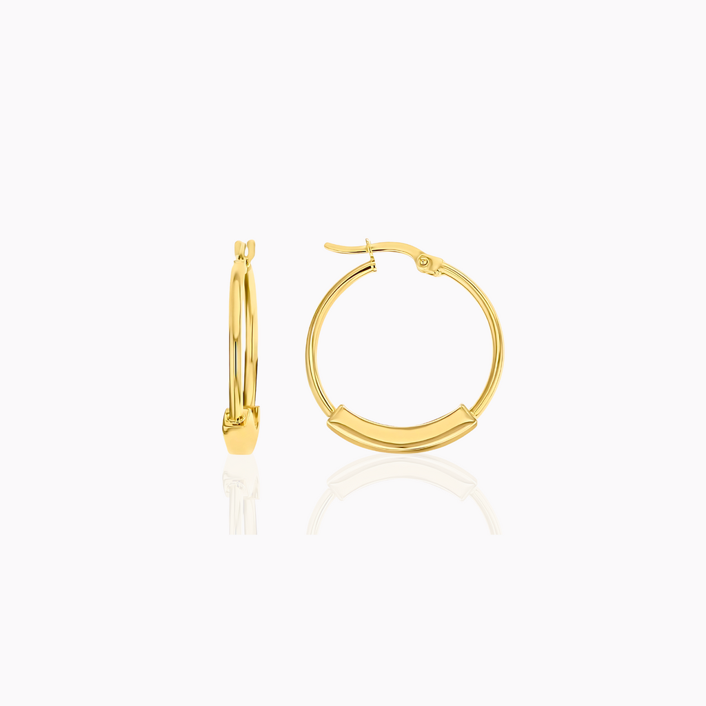 A pair of 9ct yellow gold fine tube hoop earrings with a wide bar detail, displayed against a white background.