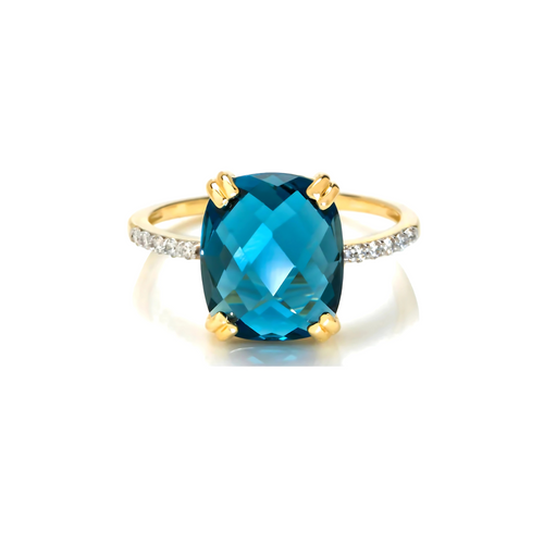 London Blue Topaz & Diamond Cushion Cut Ring – 9ct Yellow Gold (Made to Order) - RubyJade 