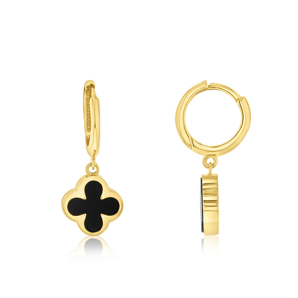 9ct Gold black onyx clover huggies — RUBYJADE
