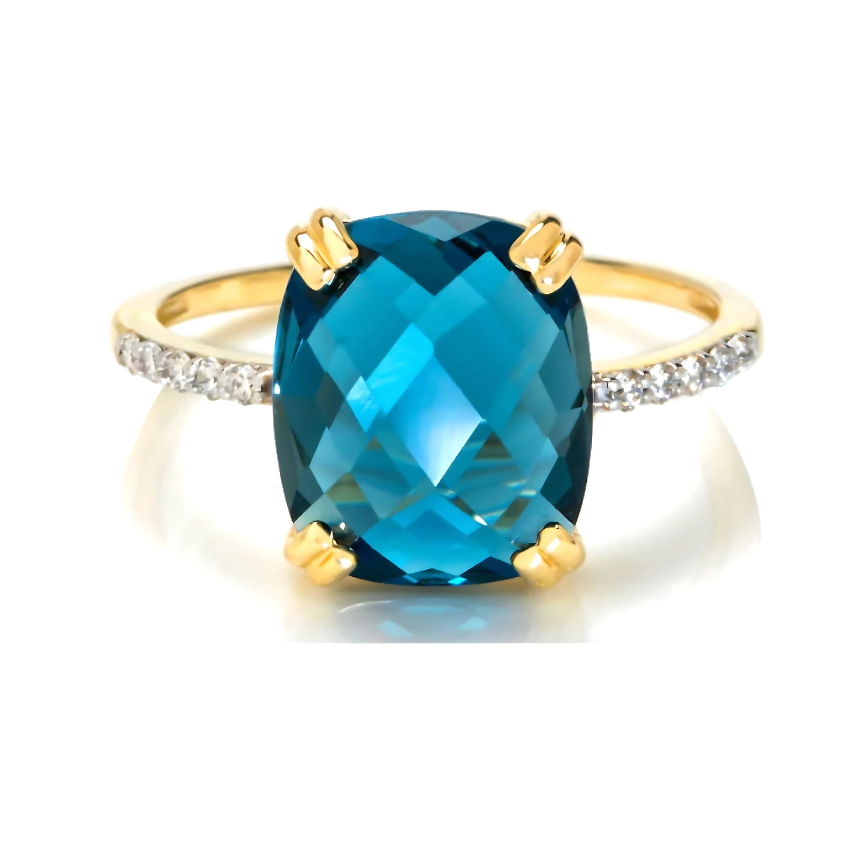 London Blue Topaz & Diamond Cushion Cut Ring – 9ct Yellow Gold Made to Order