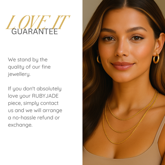 Woman wearing gold jewelry with 'Love It Guarantee' 