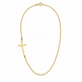 9ct yellow gold necklace with a gently curved sideways cross on a fine cable chain, arranged in an oval on a white background with a soft shadow.