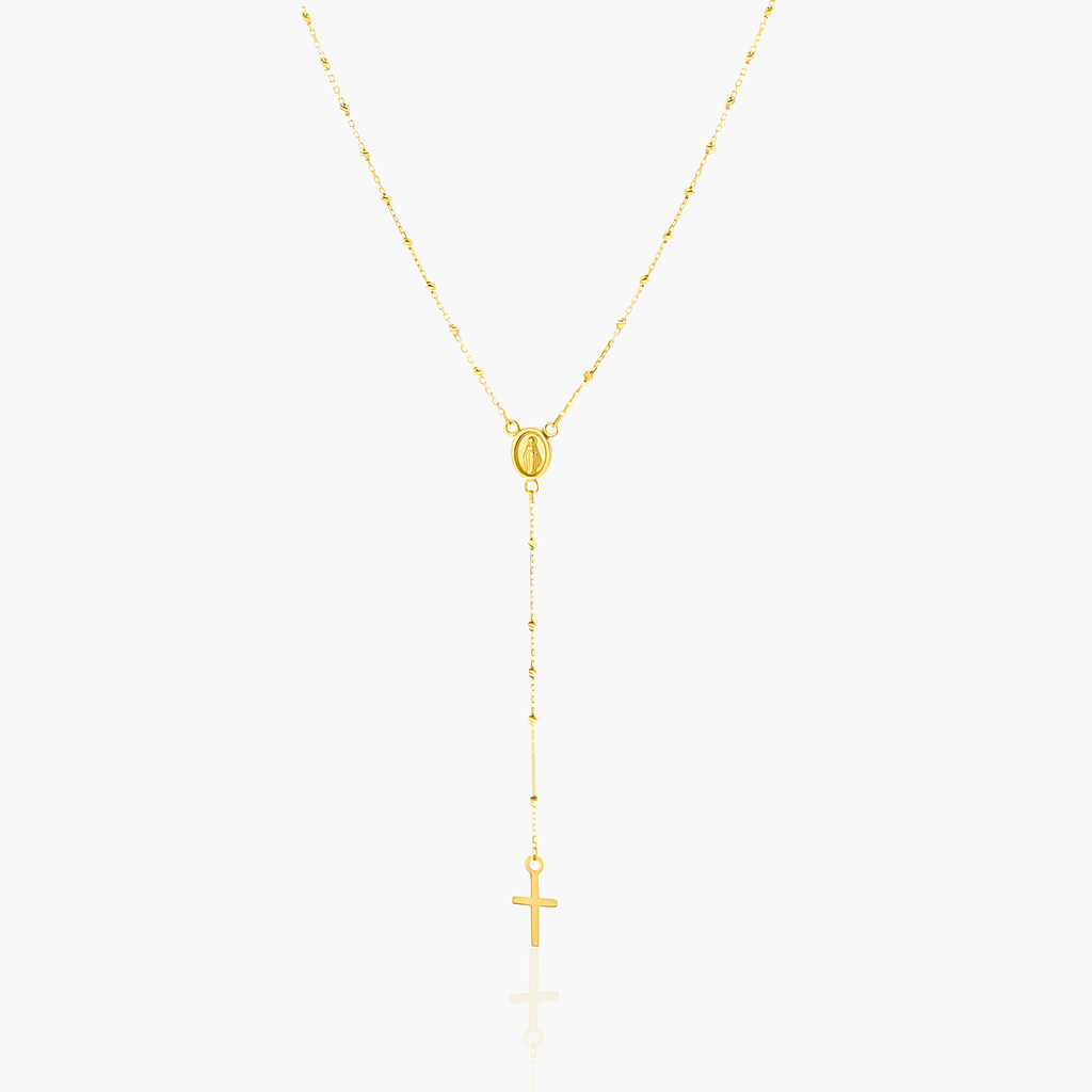 9ct Gold Rosary Necklace with Madonna and Cross, 50 cm — white background