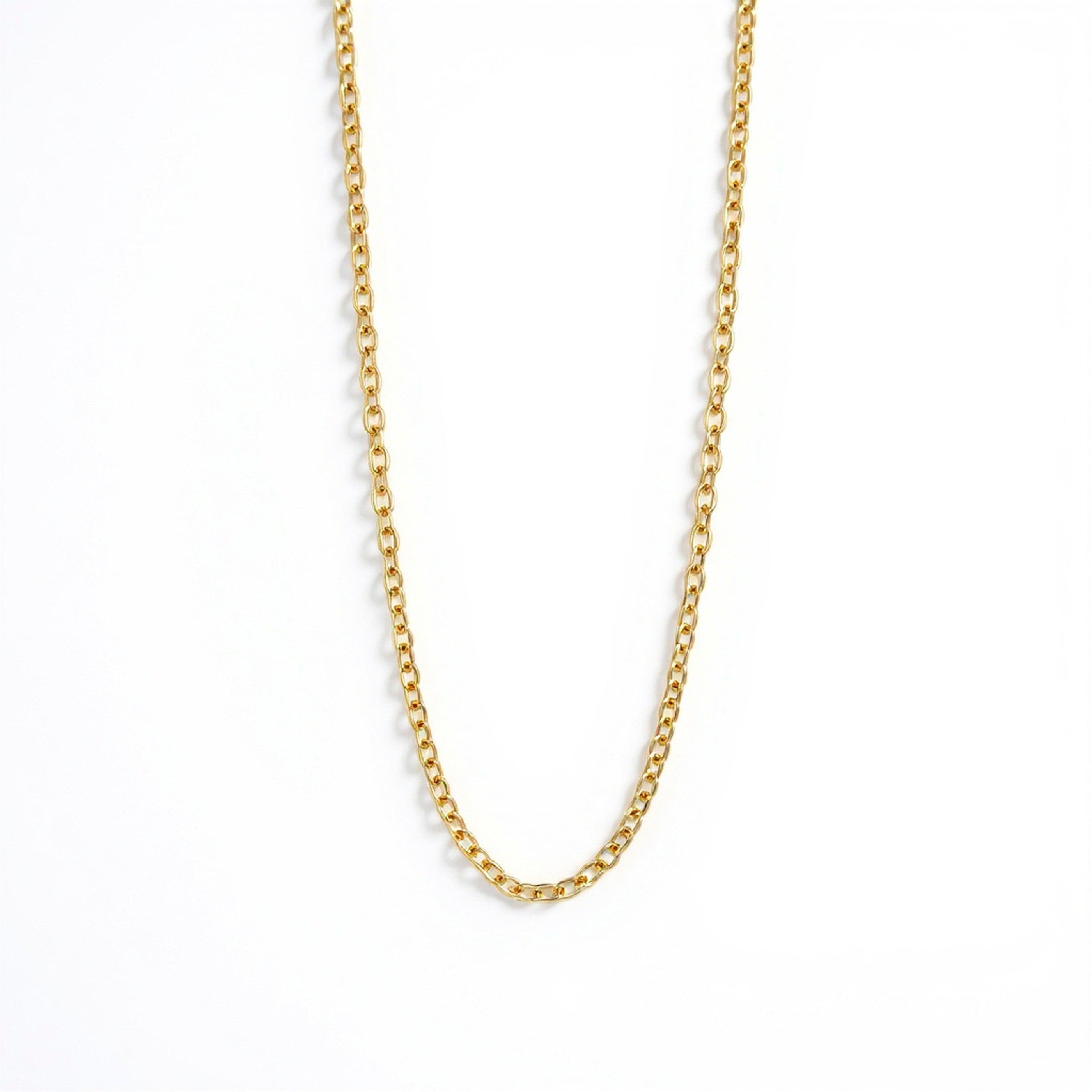 A gold chain necklace with a classic trace link design, displayed against a clean white background.