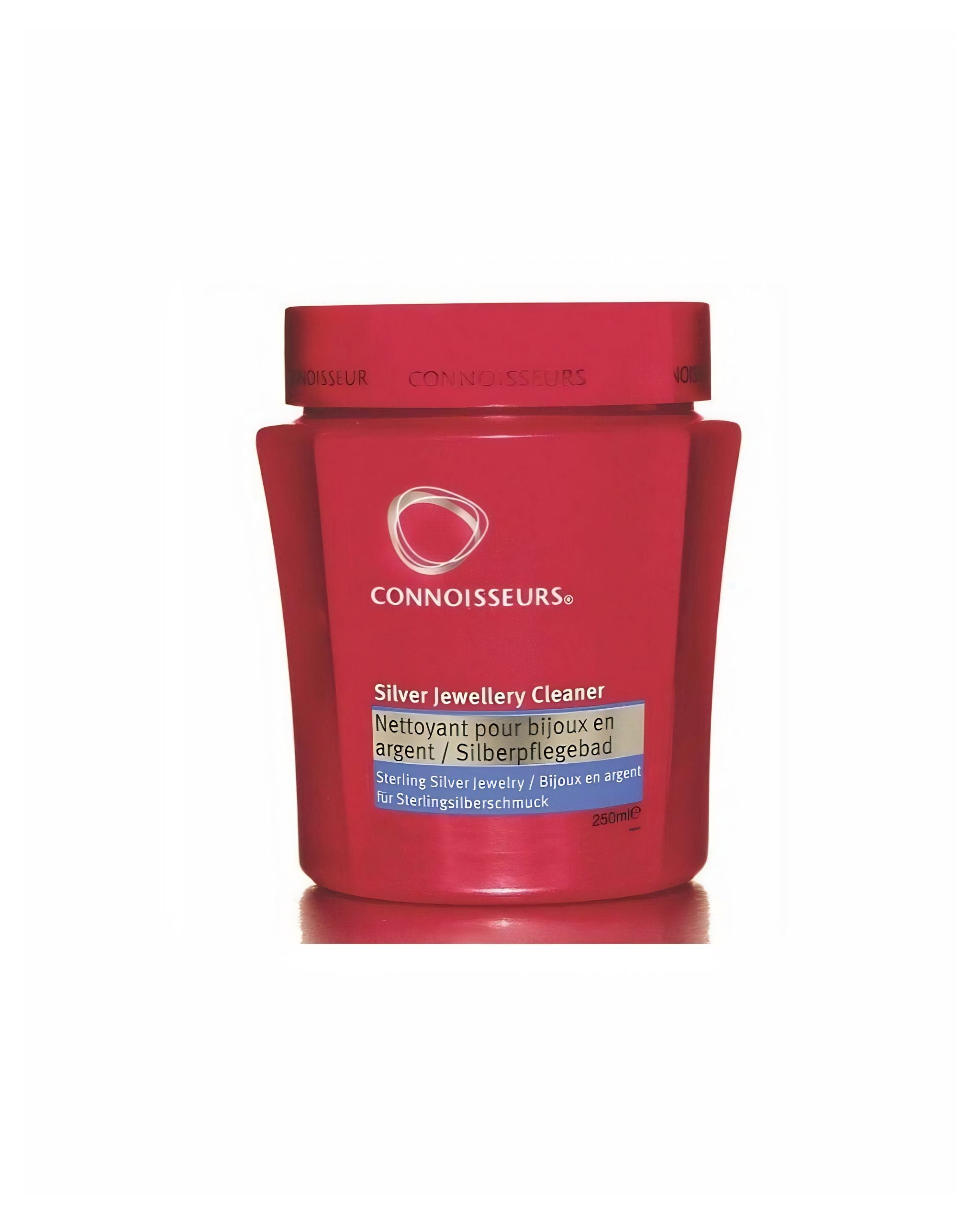 Red container of Connoisseurs Silver Jewellery Cleaner on a white background