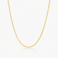 A delicate yellow gold chain necklace with small, evenly spaced oval links, displayed in a U-shape against a clean white background with a subtle reflection below.