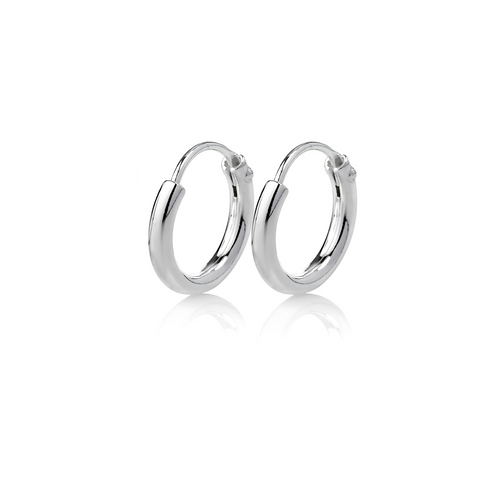 A pair of sterling silver endless hoop earrings with a polished finish.