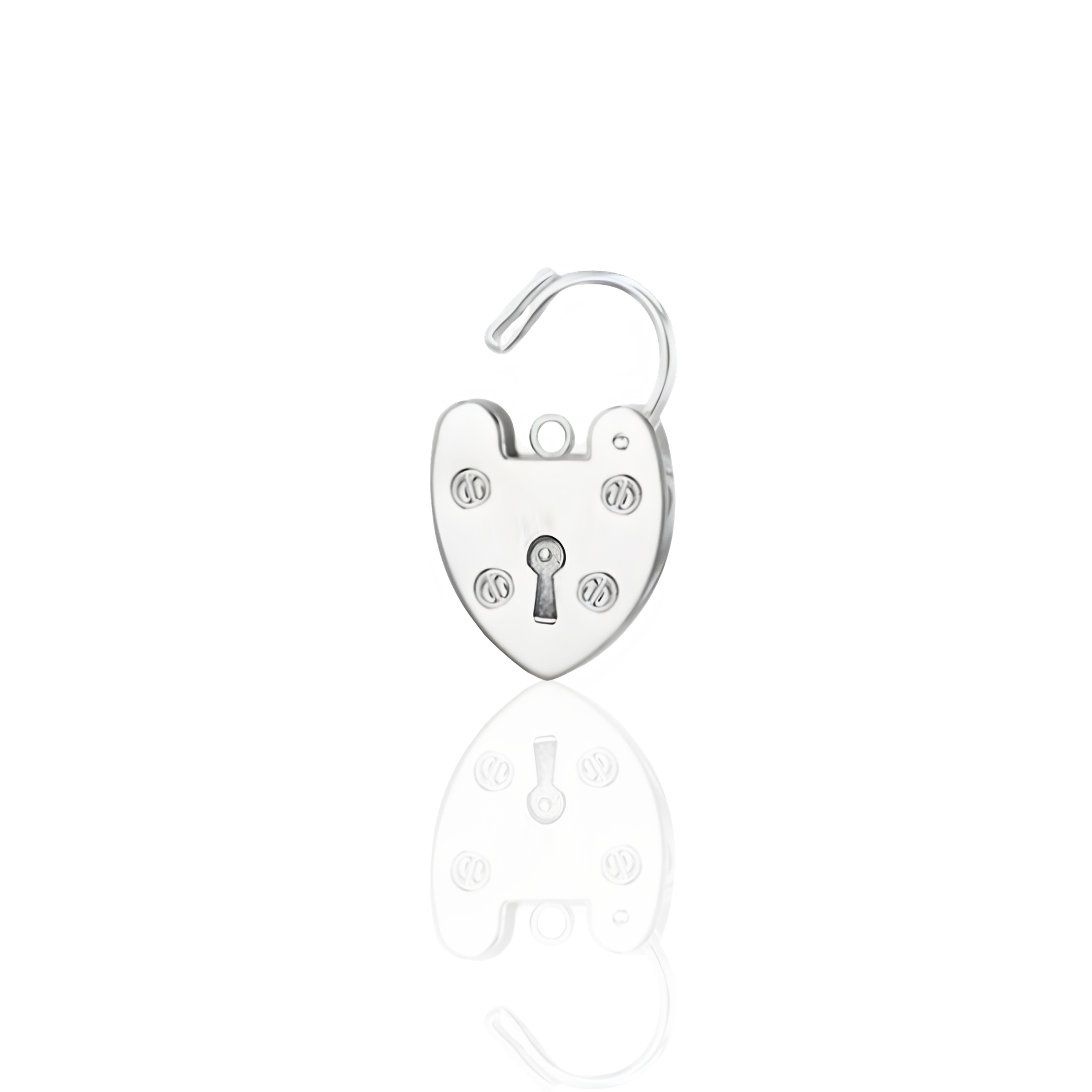 Sterling silver padlock pendant 15 × 22 mm polished finish (open) on white background, showing internal hinge