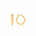 A pair of polished yellow gold hoop earrings with a twisted, textured design, shown from both front and side profiles on a clean white background with a soft reflection.