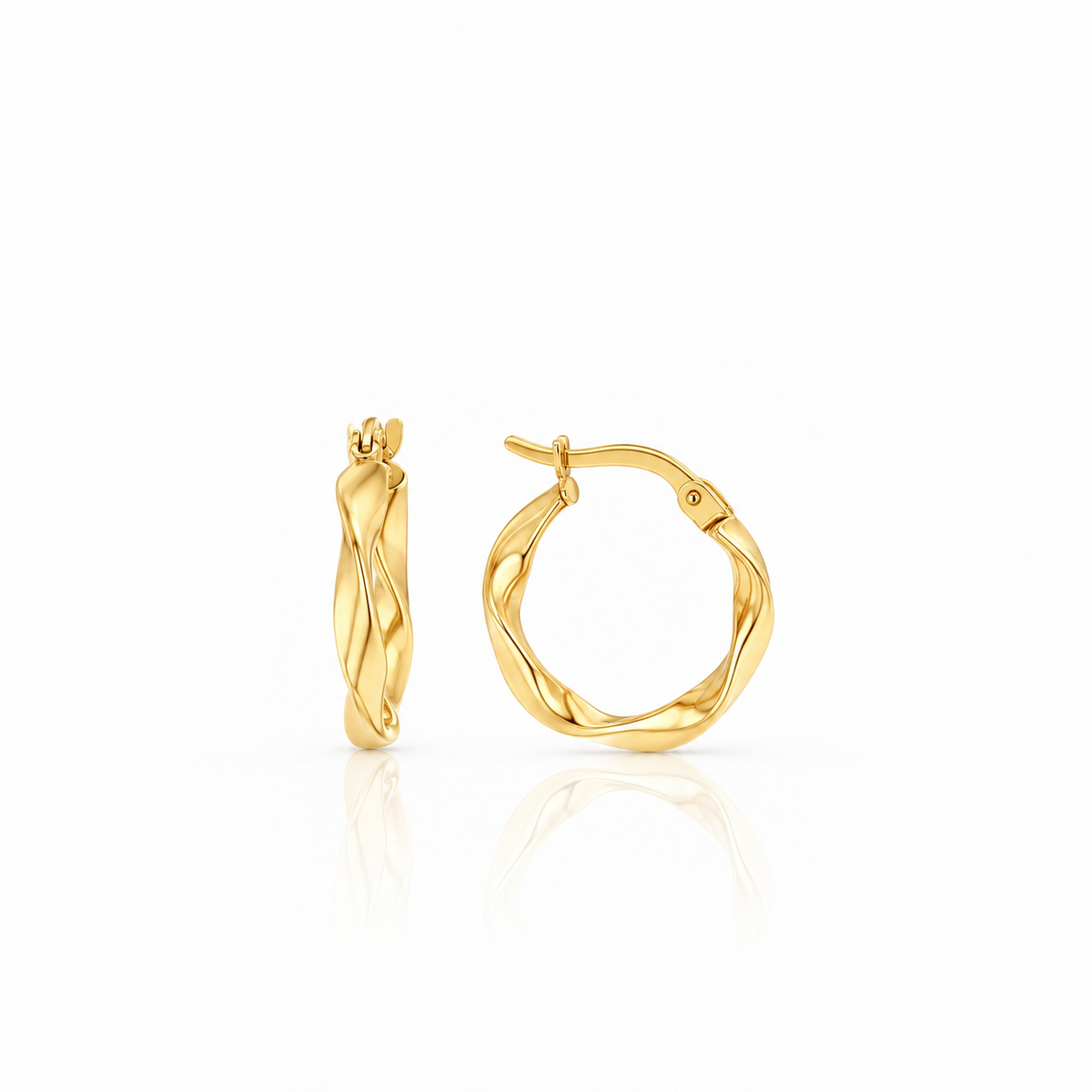 A pair of polished yellow gold hoop earrings with a twisted, textured design, shown from both front and side profiles on a clean white background with a soft reflection.