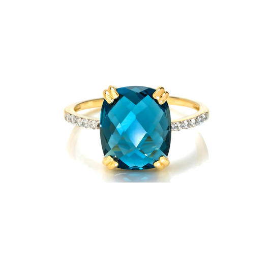 London Blue Topaz & Diamond Cushion Cut Ring – 9ct Yellow Gold (Made to Order)