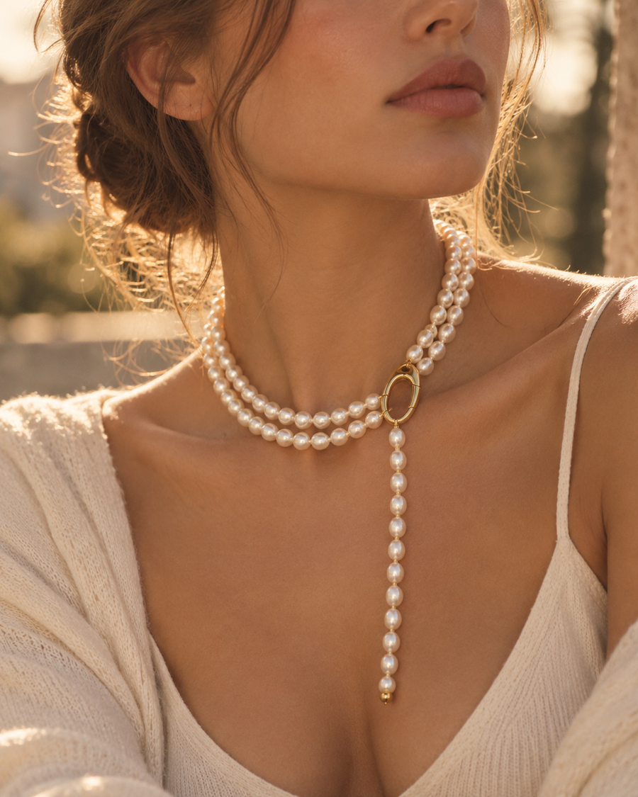 9ct gold oval connector styled with pearl necklace in lariat look