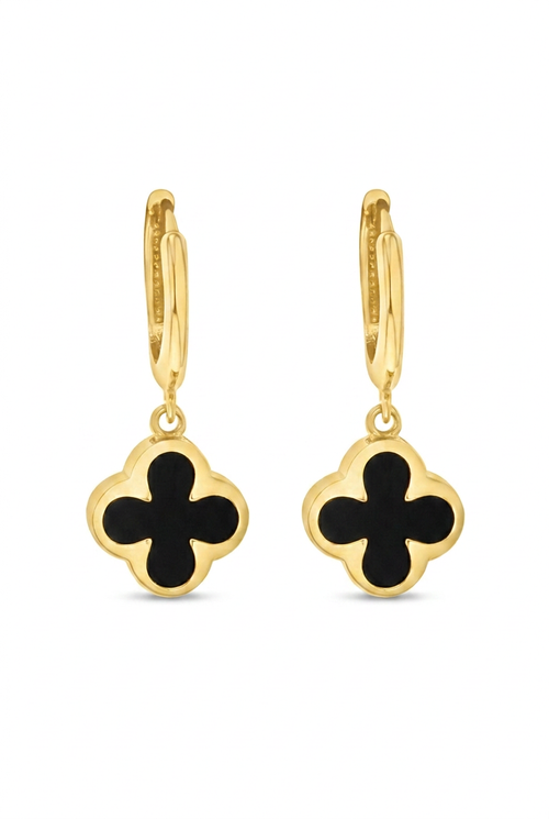 Reduced-scale onyx clover earrings with lustrous gold and darker shadows