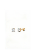 Pair of RUBYJADE 5mm round clear CZ stud earrings in yellow gold-plated sterling silver, showing four-claw settings and a butterfly back.