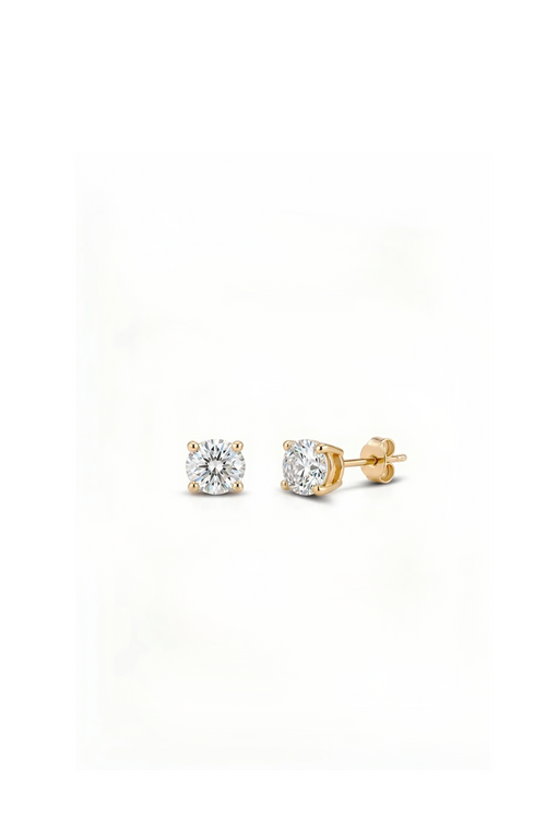 Pair of RUBYJADE 5mm round clear CZ stud earrings in yellow gold-plated sterling silver, showing four-claw settings and a butterfly back.