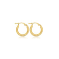 Pair of polished 9ct yellow gold 10mm hoop earrings with hinged closures and a soft reflection on a white background.