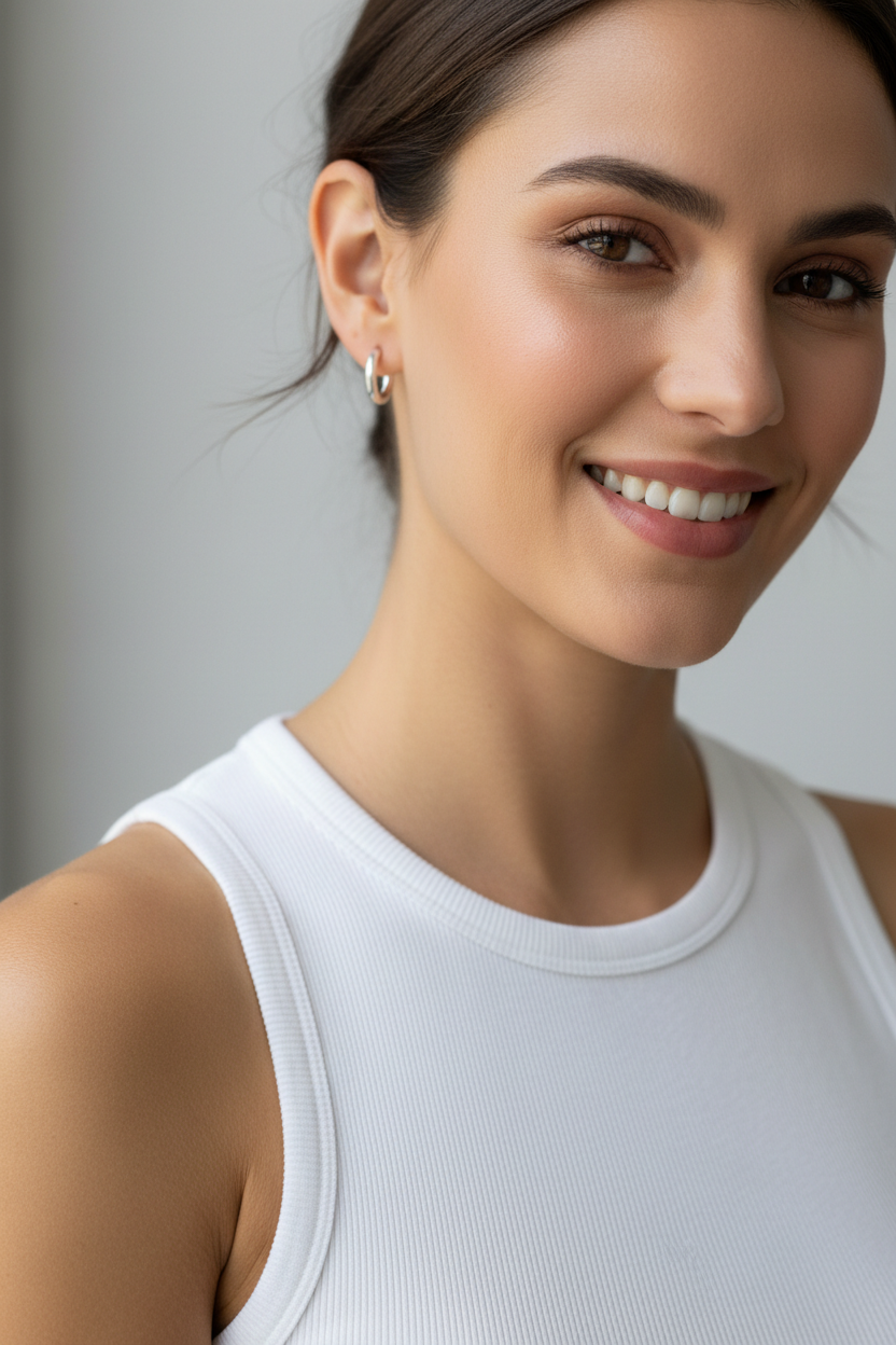 Silver Small Hoop Earrings - Model with White Tank
